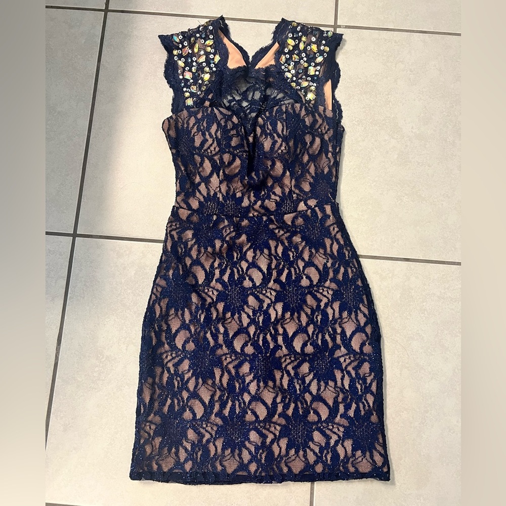 Navy blue shiny lace with nude lining and beaded shoulder dress size 3.